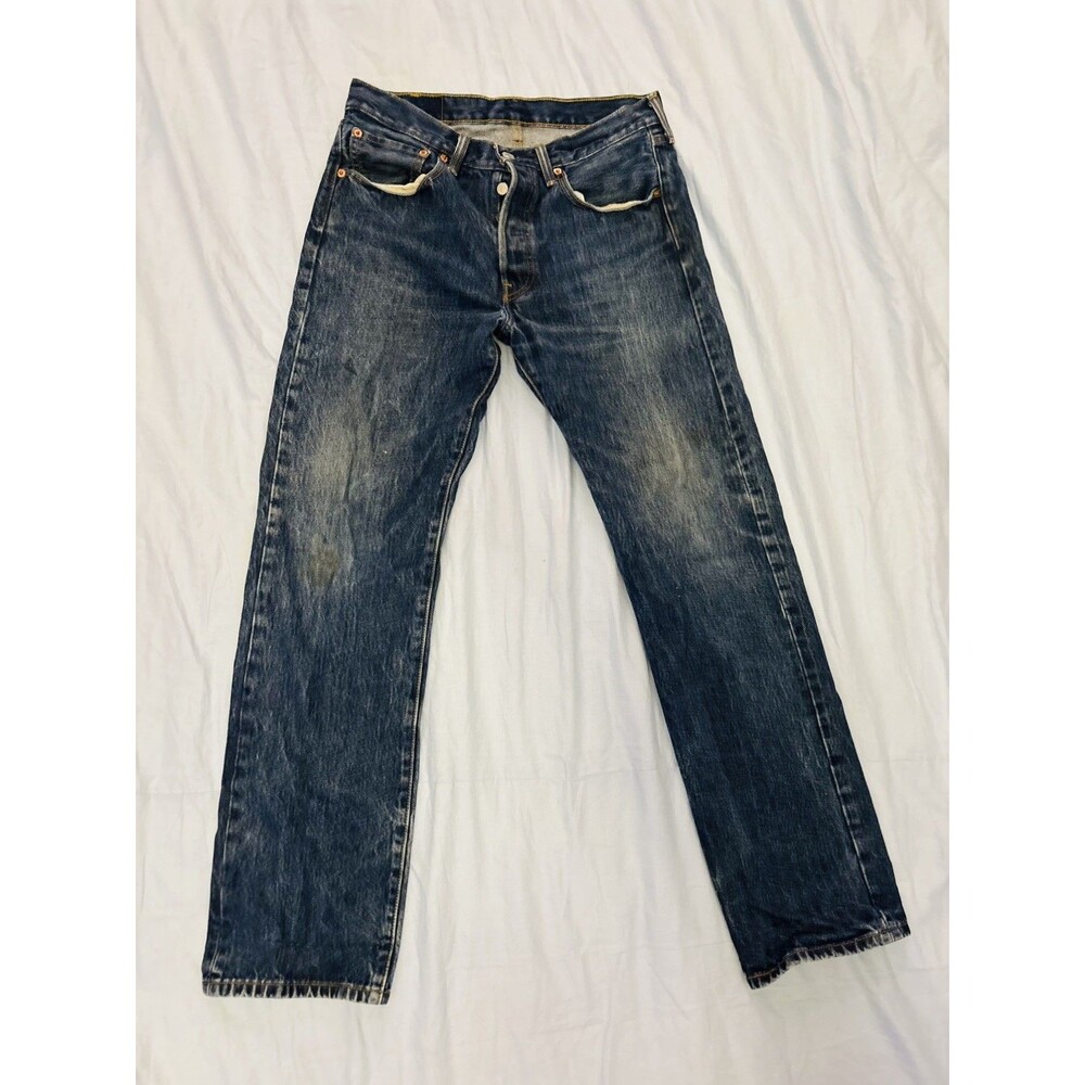 Levis 501 Jeans Mens 31x32 Dark Blue Faded Straight Leg Button Fly Denim